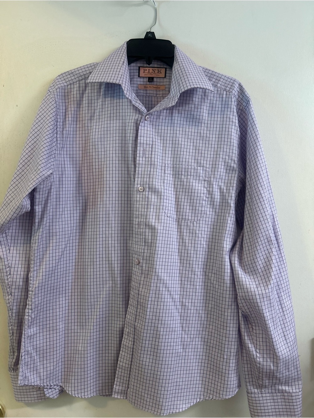 Thomas Pink Men’s Light Purple Checked Dress Shirt Slim Fit Traveller